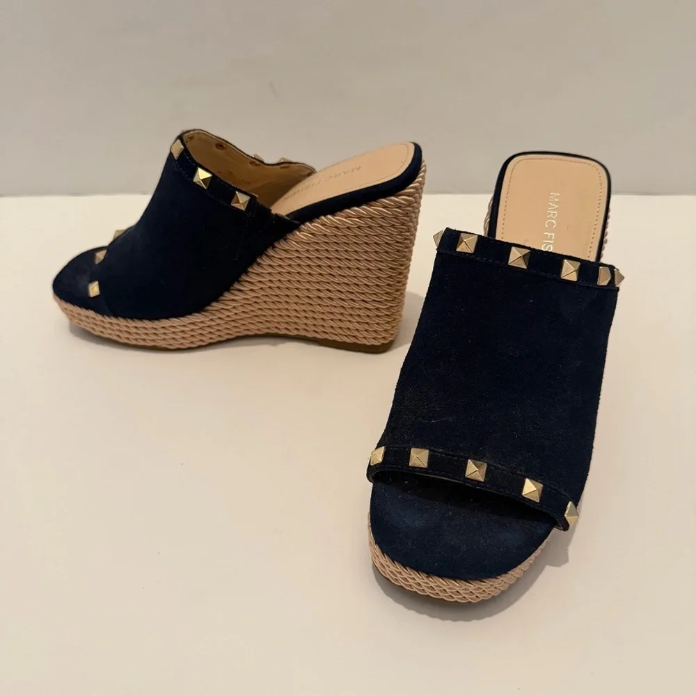 Marc Fisher Navy Suede Studded Wedge Slide Sandals Size 7.5